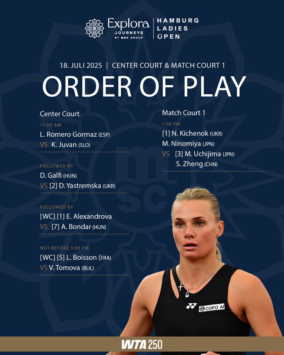 Check out the Order of Play for tomorrow’s quarterfinals at Rothenbaum! 💥🎾 

#mschamburgladiesopen #wtahamburg #tennis #hamburg #hamburgactivecity #wta