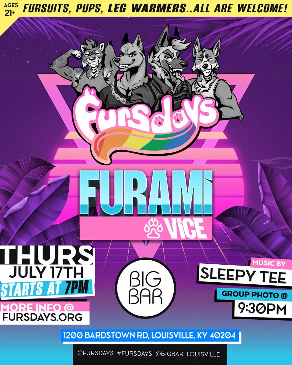 cainenines's tweet image. We&apos;re bringing the Miami heat!  Hop in the DeLorean and head back to the &apos;80s once again.

Don&apos;t forget to add a little vice. Bring your most tubular 1980&apos;s looks, beach wear, and more for this months Fursdays! 

Be there or be bogus, TONIGHT at Big Bar!  

#furry #furries