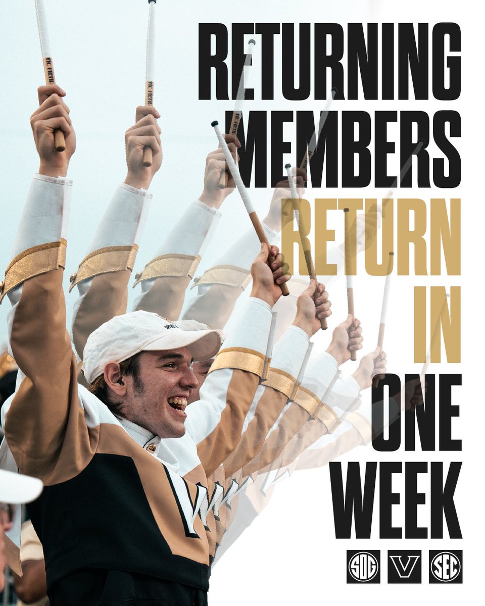 Vanderbilt Marching & Athletic Bands (@vandybands) on Twitter photo We're gettin' the band back together!
ONE WEEK UNTIL THE FULL SPIRIT OF GOLD IS BACK IN MUSIC CITY!!! ⚓️⬇️🥳🎉🤠🪩🤘🎶
#AnchorDown #SOGILTB
<a href="/vucommodores/">Vanderbilt Athletics</a> <a href="/VanderbiltU/">Vanderbilt University</a> We're gettin' the band back together!
ONE WEEK UNTIL THE FULL SPIRIT OF GOLD IS BACK IN MUSIC CITY!!! ⚓️⬇️🥳🎉🤠🪩🤘🎶
#AnchorDown #SOGILTB
<a href="/vucommodores/">Vanderbilt Athletics</a> <a href="/VanderbiltU/">Vanderbilt University</a>