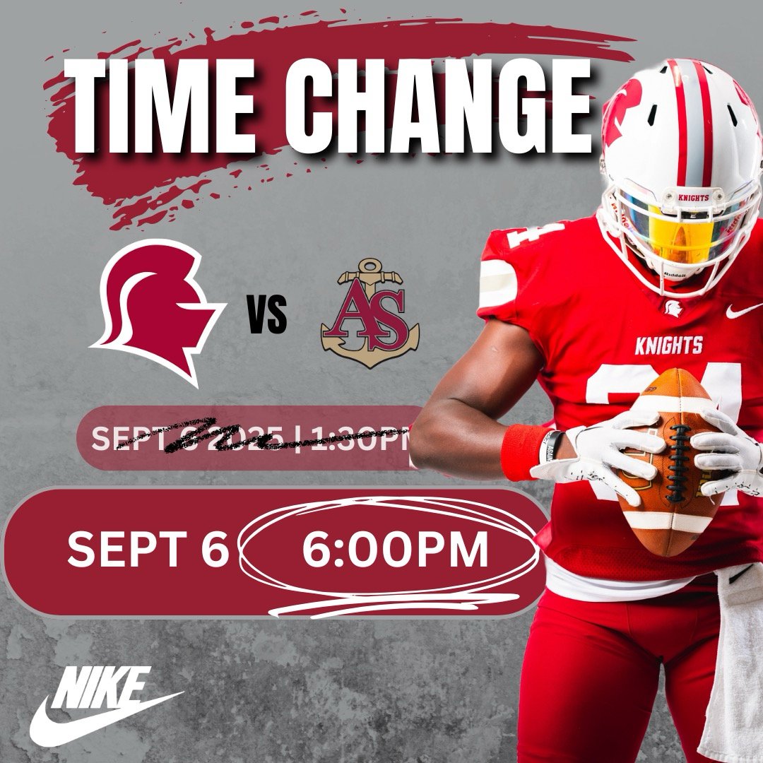 🚨 Breaking News 🚨

Home Opener has a new KICK-OFF TIME!!
Saturday, September 6th - 6:00 PM 

Knight Nation - Bring the Juice!

Check out our full 2025 schedule here ⬇️
knightathletics.com/sports/footbal…