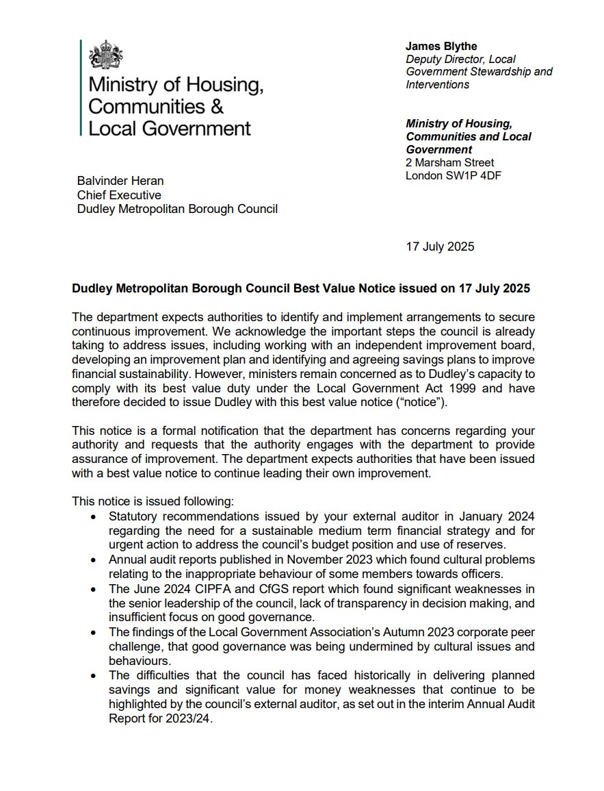 JackTShaw's tweet image. The Government has issued a Best Value Notice to Dudley Council: