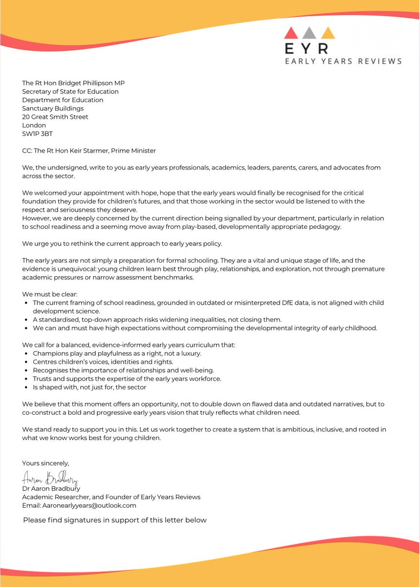 AaronTeamEC's tweet image. Our Early Years Reviews letter has been sent today, emailed and posted, to Bridget Phillipson MP (Sec of State for Education) and cc’d to Prime Minister Keir Starmer. Thank you to everyone who added their voice, over 900 of you. #EarlyYears #EYR