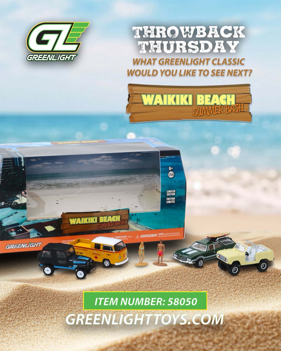 🌴 #ThrowbackThursday with summer vibes! 
 Waikiki Beach Summer Bash Multi-Car Diorama brings the heat with
'76 VW Type 2 Doka
'84 Jeep CJ-7 Renegade
'67 Ford Bronco
 '72 Olds Vista Cruiser + Surfboard
#DiecastCollectors #GreenLightCollectibles #Volkswagen #FordBronco #Oldsmobile