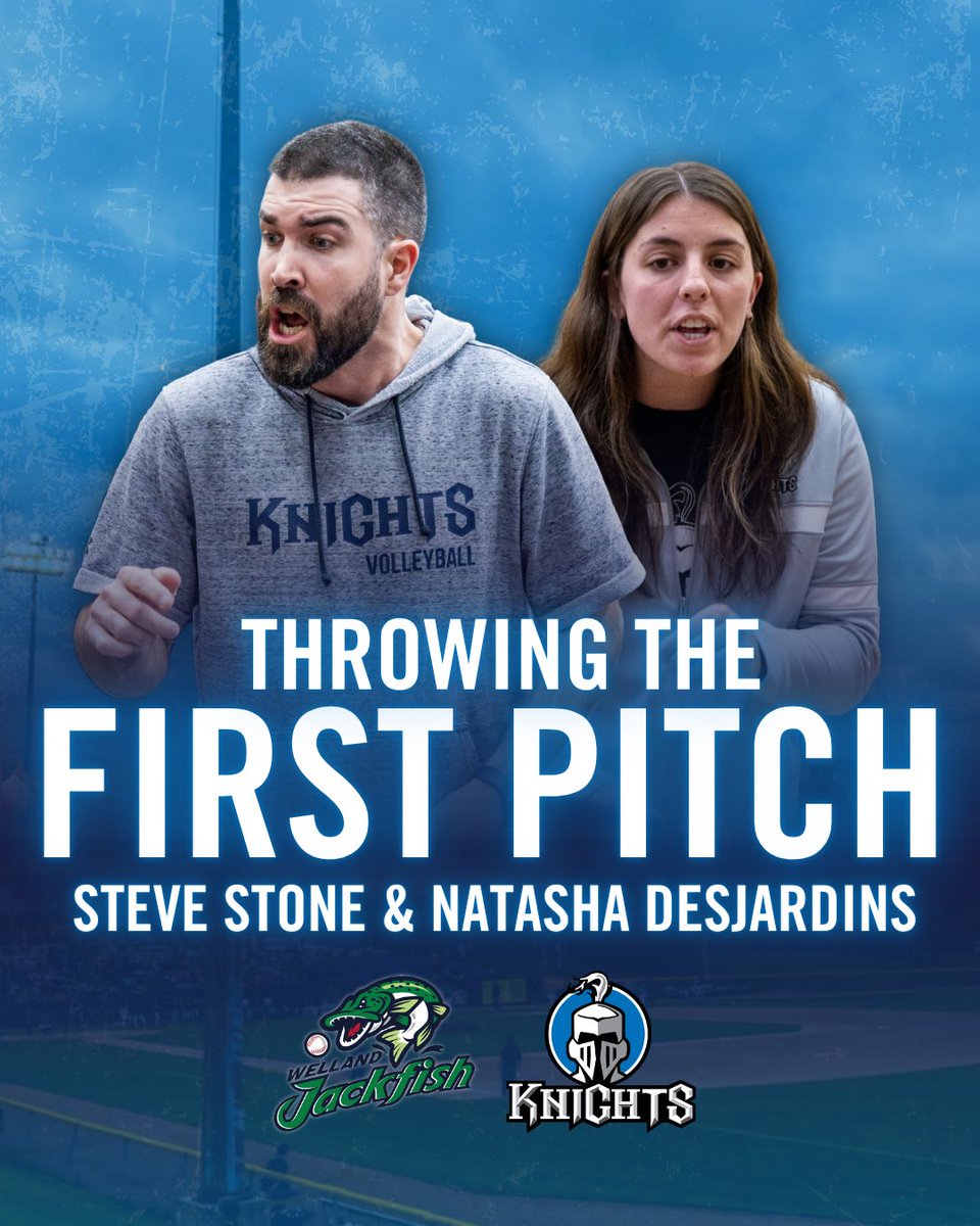 PLAY BALL! ⚾️
 
Knights volleyball coaches, Steve Stone and Natasha Desjardins, are going to be throwing the ceremonial first pitch at tomorrow’s <a href="/wellandjackfish/">Welland Jackfish</a> game! 

The Jackfish face the Kitchener Panthers at 7:15 pm. You won’t want to miss it!