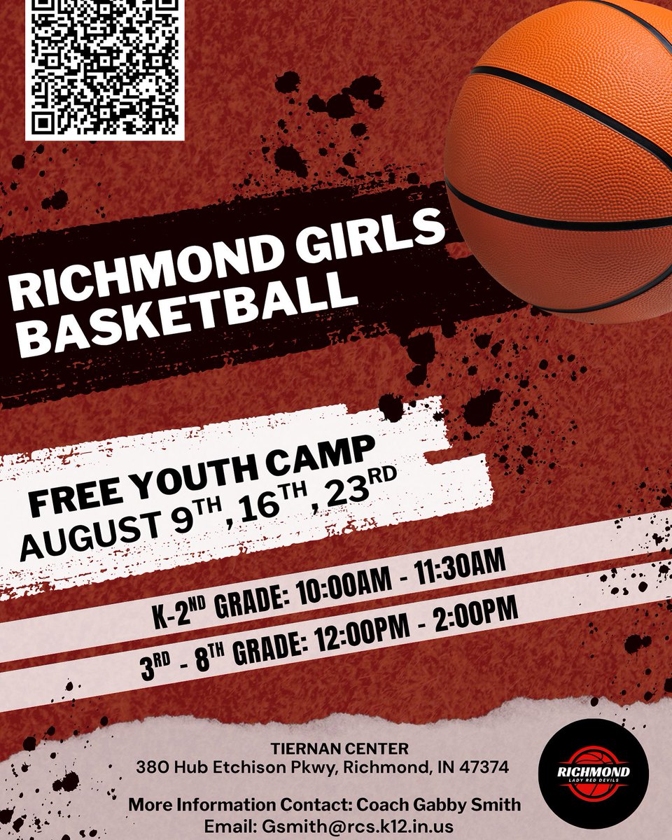 🏀 Richmond Lady Red Devils Basketball Camp 🍂

📍 Location: Tiernan Center

📅 Dates: August 9th, 16th, &amp; 23rd (Saturdays)

Grades K–2: 10:00 AM – 11:30 AM
Grades 3–8: 12:00 PM – 2:00 PM

Please use QR Code to Sign Up! 

#AllHeart 🏀🔥