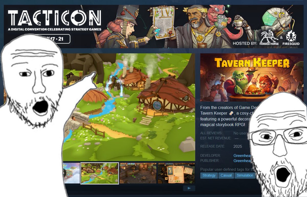 TavernKeeper's tweet image. YAY #TactiCon is here 🍻
we are honored to be featured in it for the first time!
check out the Tavern Keeper Demo on Steam and put your management skills to test 😎