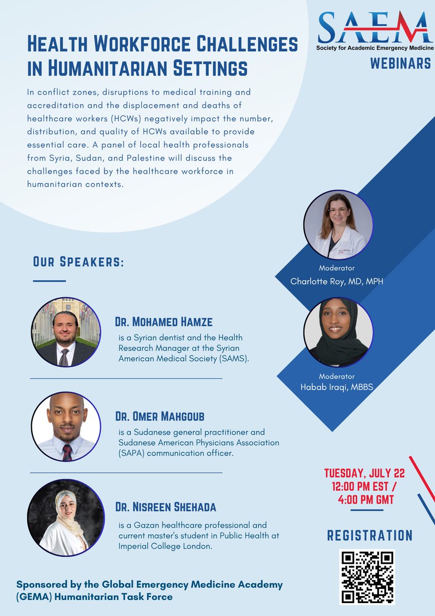 Guys,

Excited to be speaking at the upcoming  <a href="/SAEMonline/">SAEM</a> webinar on Health Workforce Challenges in Humanitarian Settings – July 22. With  <a href="/habab_iraqi/">Habab Iraqi</a>
 
We'll explore staffing gaps, safety, and training in conflict zones.

To join:  saem.org/detail-pages/e…

#GlobalHealth