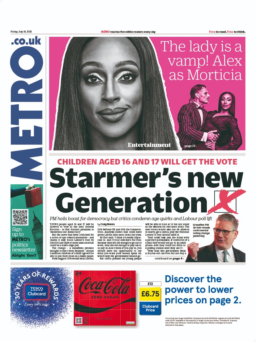Lou_obrien19's tweet image. Friday's METRO: Starmer's new generation #TomorrowsPapersToday