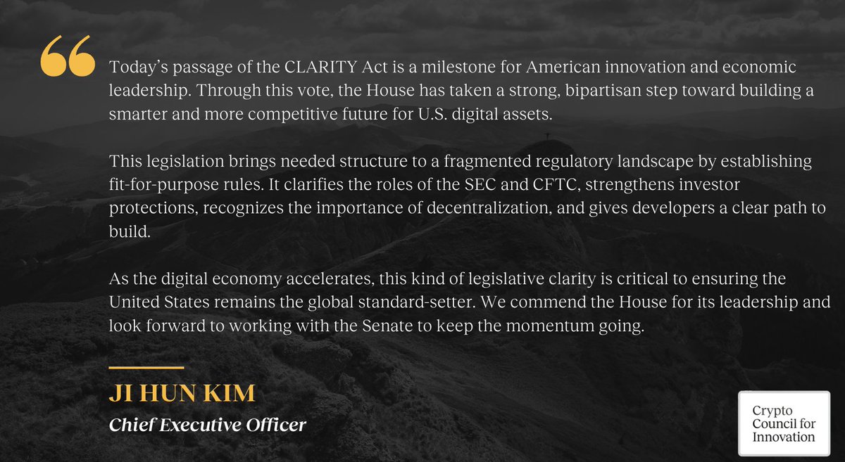 crypto_council's tweet image. A "milestone for American innovation and economic leadership" - CEO @_jikim on passage of CLARITY: