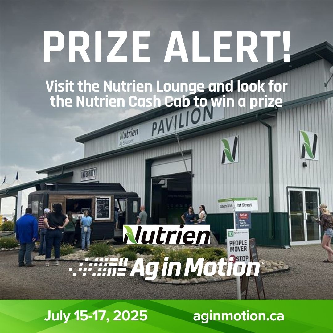 AginMotion's tweet image. 🎉 PRIZE ALERT!
Stop by the Nutrien Ag Solutions Pavilion at #AIM25 and find the Nutrien Cash Cab—your chance to win some fun prizes!
It’s all happening onsite, so don’t miss your shot!
#AgInMotion #Nutrien #PrizeCab #FarmShow #SaskAg
@NutrienAgRetail