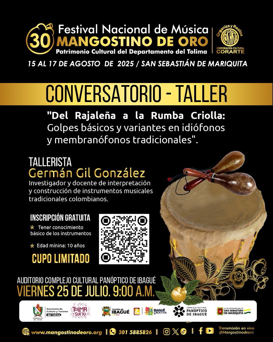 〽️Este 25 de julio tendremos un taller gratuito de percusión para personas con conocimientos básicos y, a partir de los 10 años de edad.  La cita será en #Ibagué en el marco de nuestro lanzamiento 2025. Entérate e inscríbete 🥁🎶Comunicado 👇
mangostinodeoro.org/2025/el-mangos…
