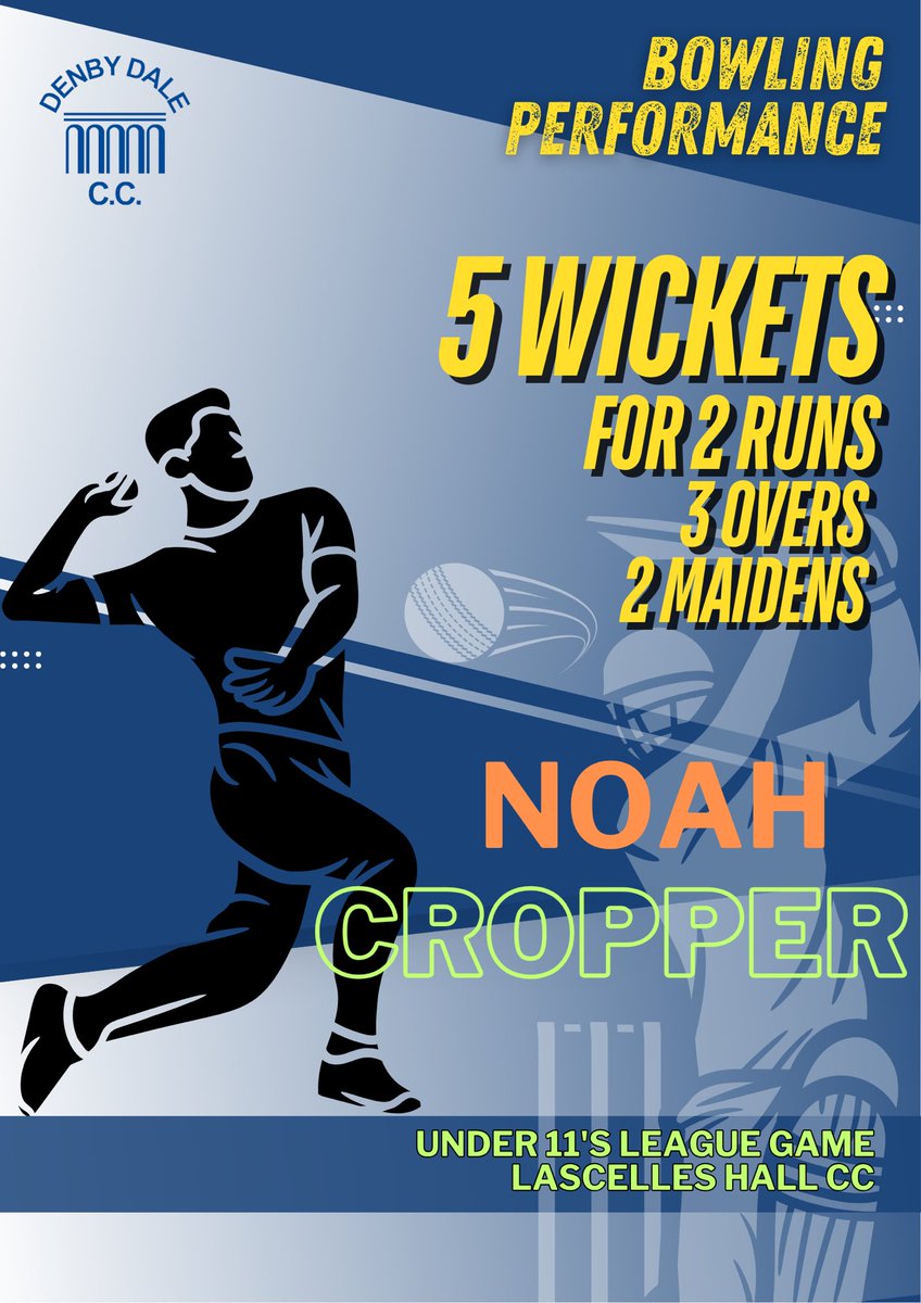 🚨PLAYER PERFORMANCE🚨
A fantastic display from Noah on Wednesday saw him take 5 wickets for just 2 runs! A valued and important performance as the under 11’s breezed past Lascelles Hall! Well done Noah! 👏🏻