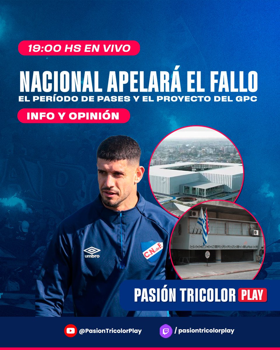 De 18 a 19hs Pasión Tricolor 📻 ((89.3 FM)) App y Web.

 📺  Y desde 19hs nos podés ver en #PasiónTricolorPlay con toda la actualidad de NACIONAL, información opinión y tu participación.

📲 Miranos y participá youtube.com/@pasiontricolo…