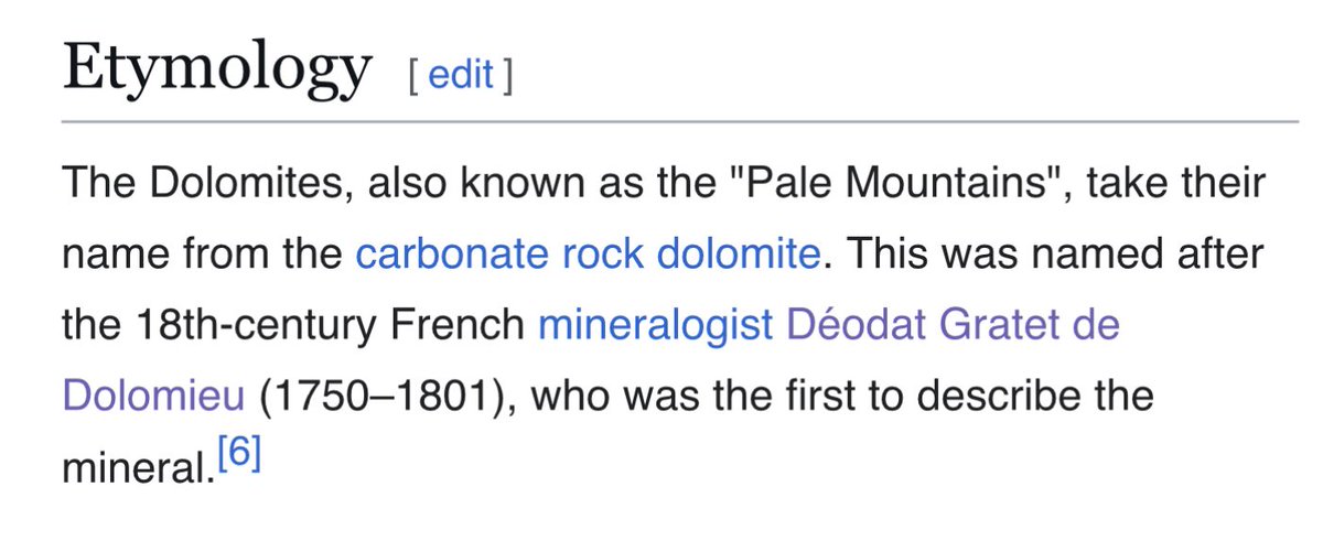 KEBuHCAH's tweet image. feels kind of crazy that the Dolomite mountains only got that name a couple hundred years ago, named after a mineral that was named after a French mineralogist
I guess the old name sounded kind of lame so everyone was happy for a rebrand ⛰️