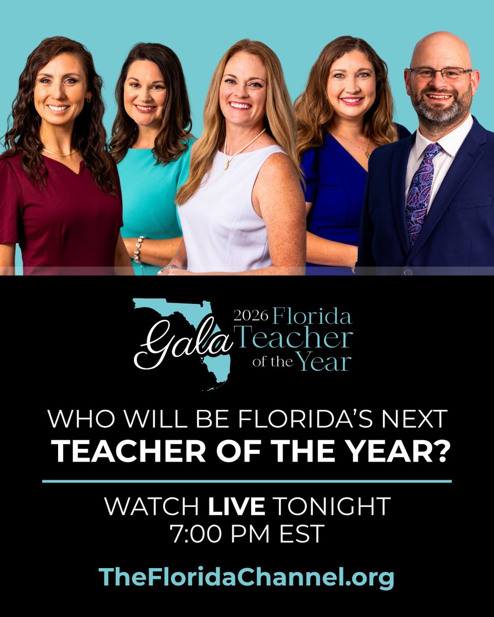 EducationFL's tweet image. Who will be Florida’s next Teacher of the Year? Tune in to @floridachannel tonight at 7:00 PM EST to find out! #FLTOY2026
Watch live: thefloridachannel.org
