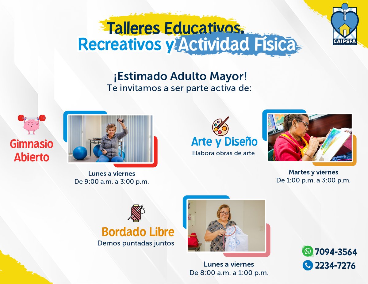 ☺️ El Centro de Atención Integral a Pensionados IPSFA (CAIPSFA) invita a nuestros pensionados a conocer y participar en los talleres educativos y recreativos disponibles. 🧵🎨🪇