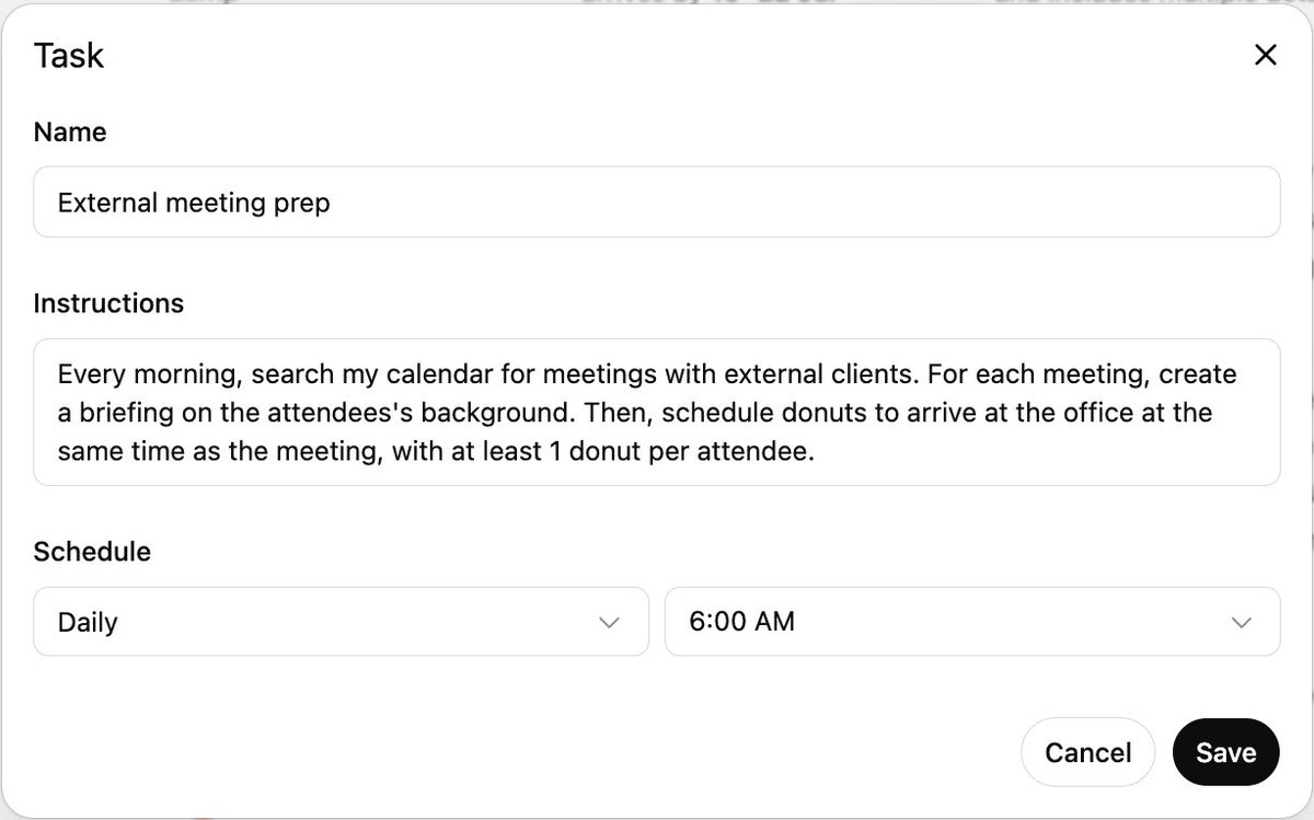 neelajj's tweet image. A hidden, but powerful feature -- you can create scheduled tasks with ChatGPT Agent!
Agent can, in the background, regularly search the web or your connectors and take action on the web, including on authenticated sites