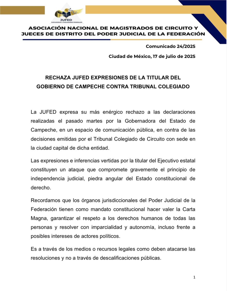 jufed_org's tweet image. 🟡#COMUNICADO Expresamos nuestro más enérgico rechazo a las declaraciones en contra de las decisiones emitidas por el Tribunal Colegiado de Circuito con sede en Campeche, ya que constituyen un ataque que compromete gravemente el principio de #IndependenciaJudicial.