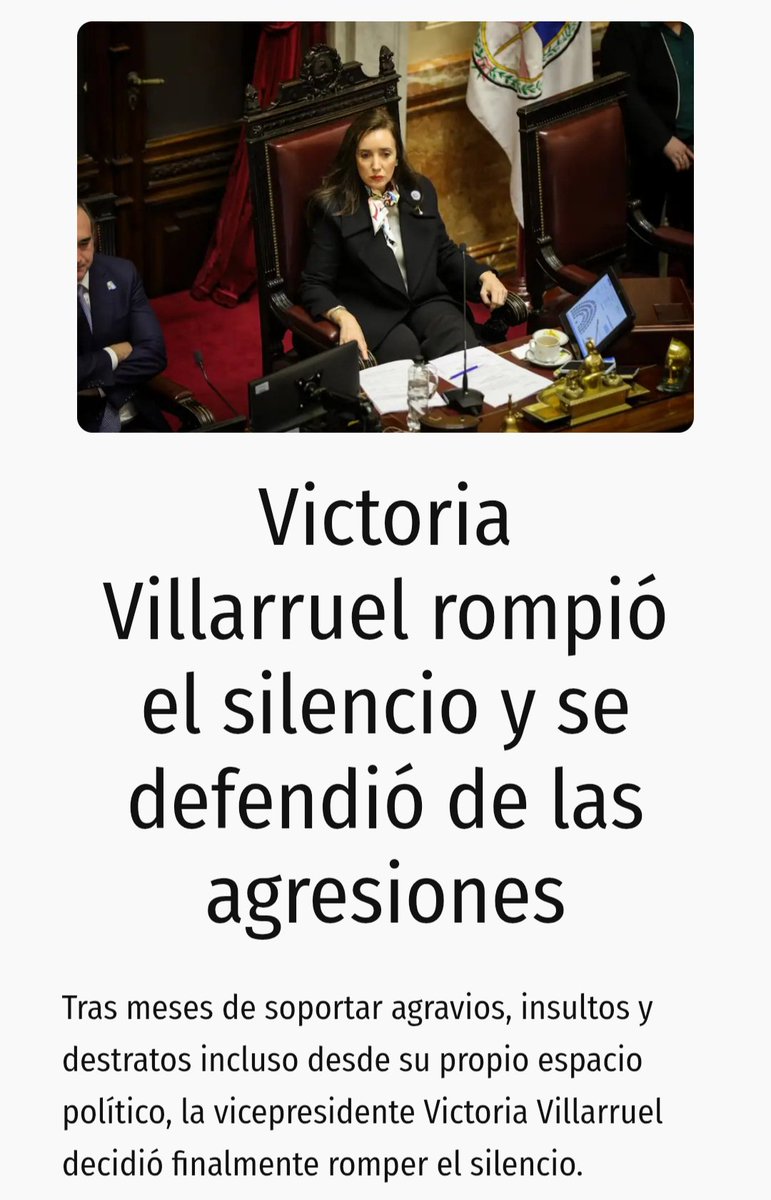 Villarruel promociona en sus redes y pide bajar la app del sitio "Actualidad VEV" con noticias suyas cuya nota principal plantea que "rompió el silencio" tras "meses de soportar agravios, insultos y destratos". Ni un paso atrás.