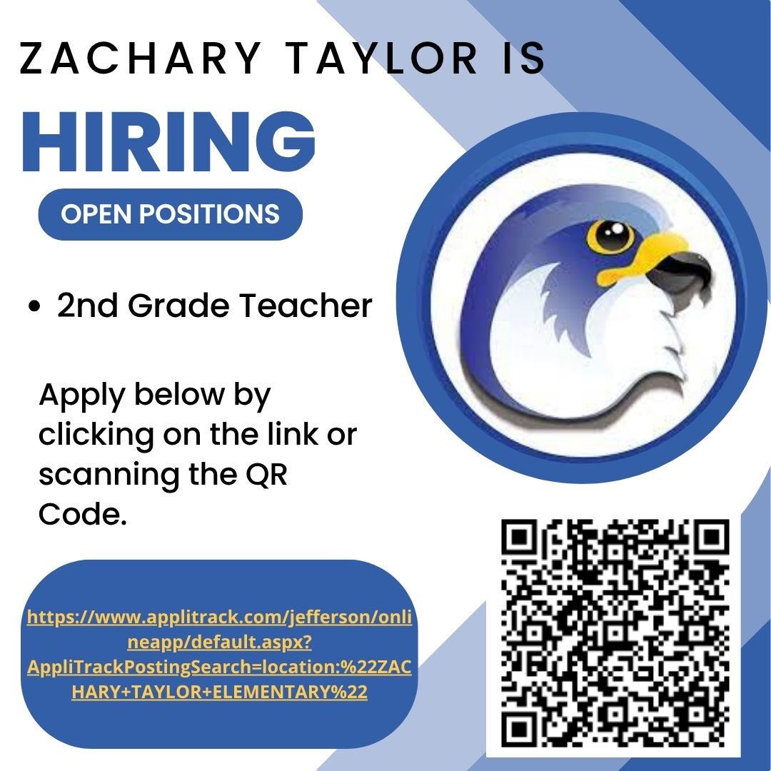 Do you want to join a hidden gem on the East end? Zachary Taylor Elementary is looking for you. We are a small school family looking for a teacher that has a passion for putting students first. 

The application window closes tomorrow at midnight! Get your’s in!