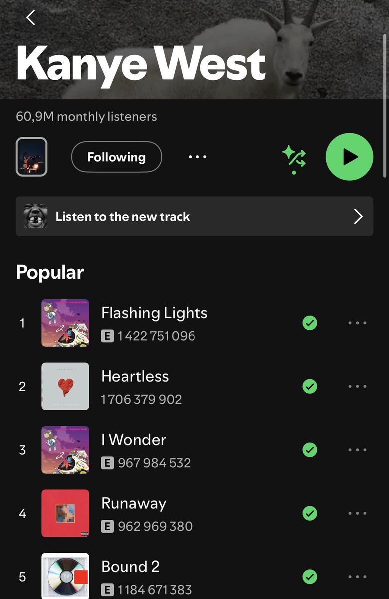 apollovwrld's tweet image. What 5 songs would you put at the top of Yeβs Spotify profile?
