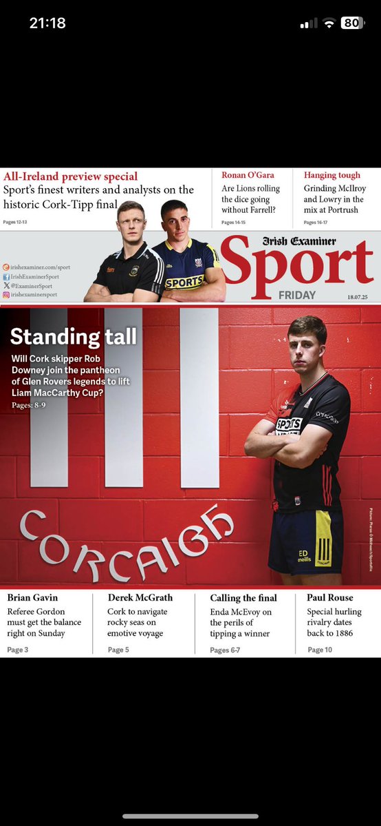tonyleen's tweet image. Friday’s @ExaminerSport features a special All-Ireland SHC final bonus section. Think you’ll enjoy it you’re a @OfficialCorkGAA, @TipperaryGAA or @officialgaa fan. 24 pages in all.
