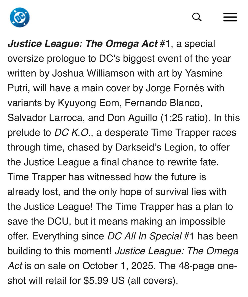 jfornes74's tweet image. Main cover for Justice League: The Omega Act #1, prelude to the next DC’s big event “DC K.O.”