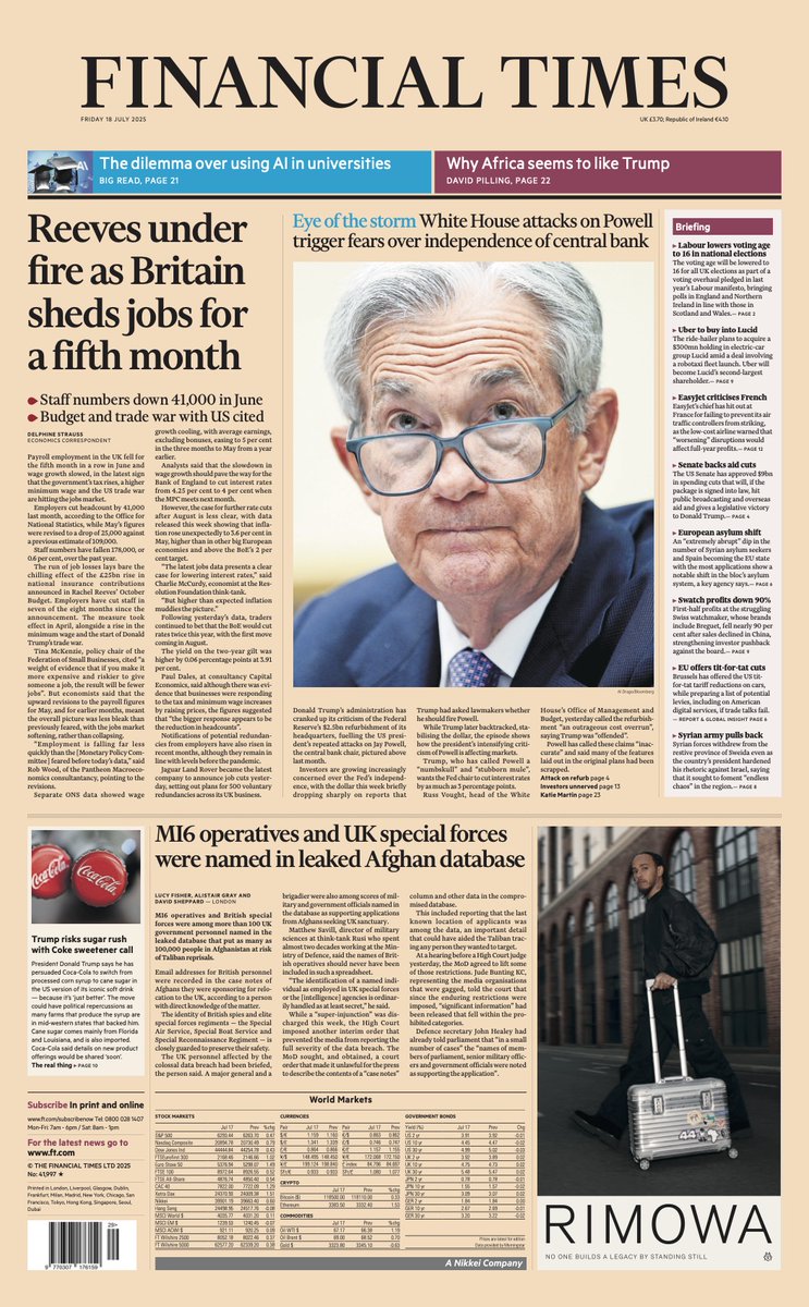 Lou_obrien19's tweet image. Friday's FINANCIAL TIMES: Reeves under fire as Britain sheds jobs for a fifth month #TomorrowsPapersToday