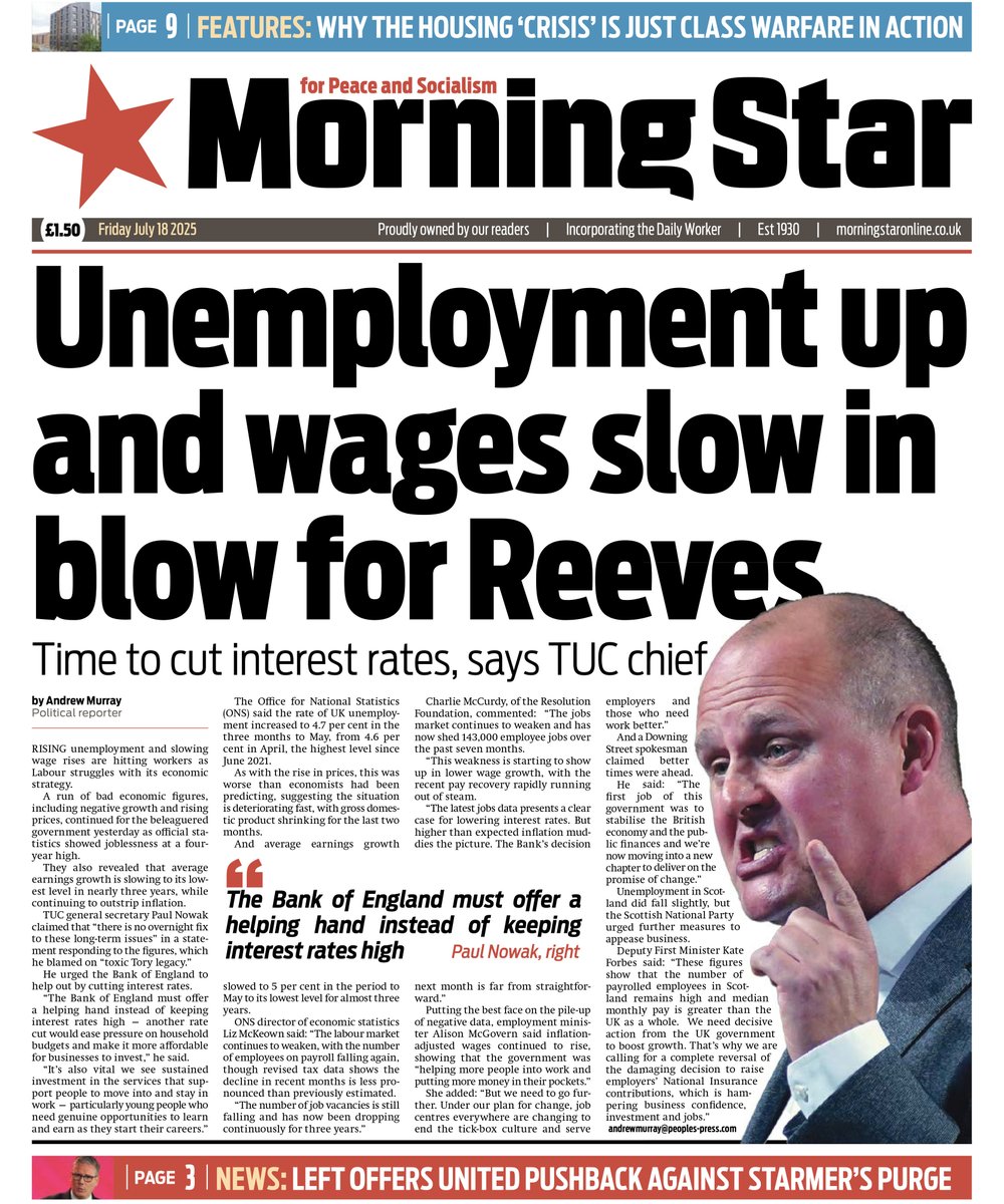 Lou_obrien19's tweet image. Friday's MORNING STAR: Unemployment up and wages slow in blow for Reeves #TomorrowsPapersToday
