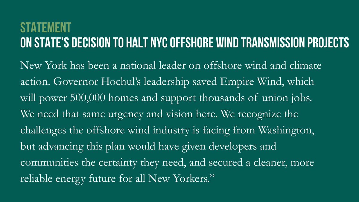 nylcv's tweet image. New York should be doubling down on our commitment to become energy independent, not stalling it. Read our statement on the Public Service Commission’s disappointing decision to halt NYC offshore wind transmission projects below.