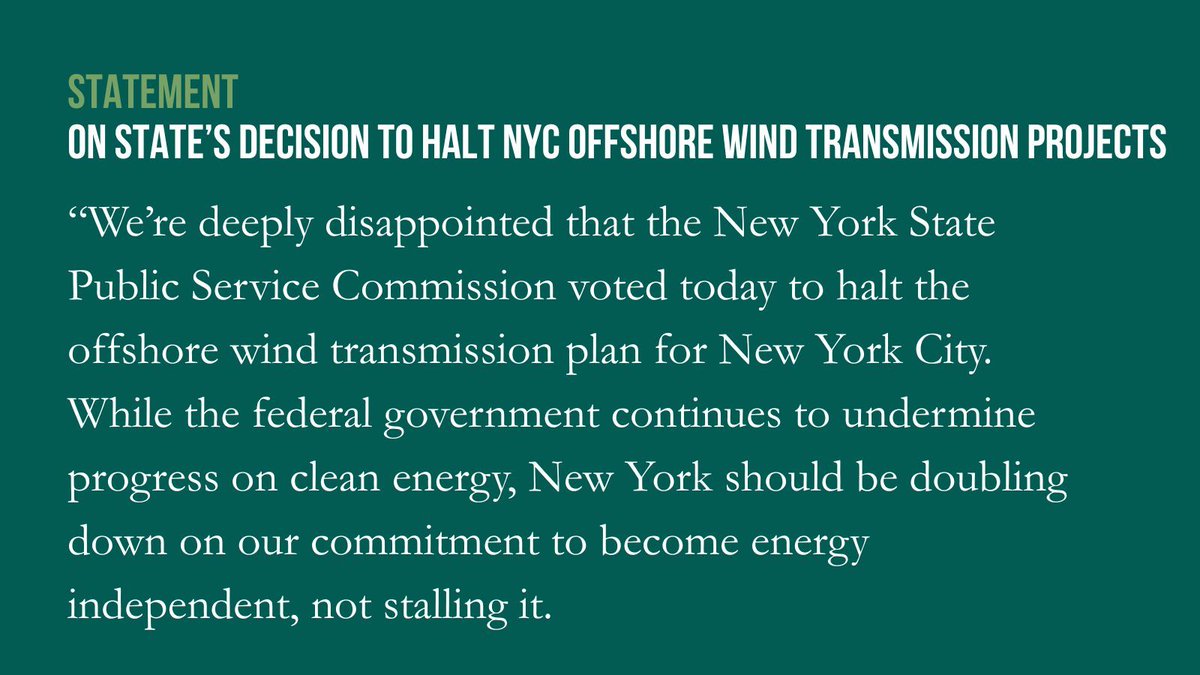 nylcv's tweet image. New York should be doubling down on our commitment to become energy independent, not stalling it. Read our statement on the Public Service Commission’s disappointing decision to halt NYC offshore wind transmission projects below.