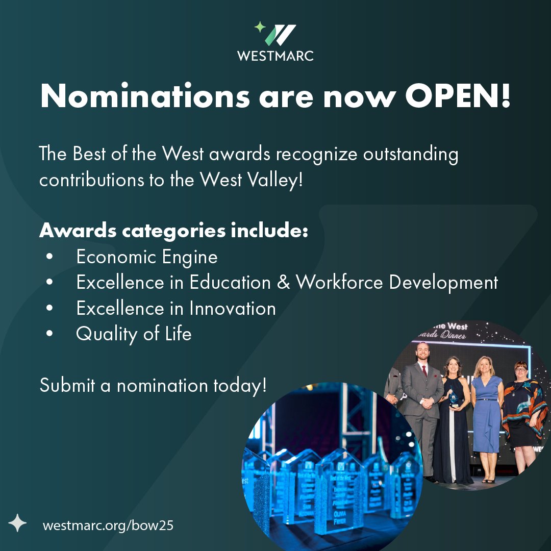 🎉 Nominations are OPEN for the 2025 Best of the West Awards! 🎉

Help us shine a spotlight on the people, organizations, and initiatives shaping the future of the West Valley!

🗓️ Nominations close on August 8, 2025

🔗 westmarc.org/bow25/