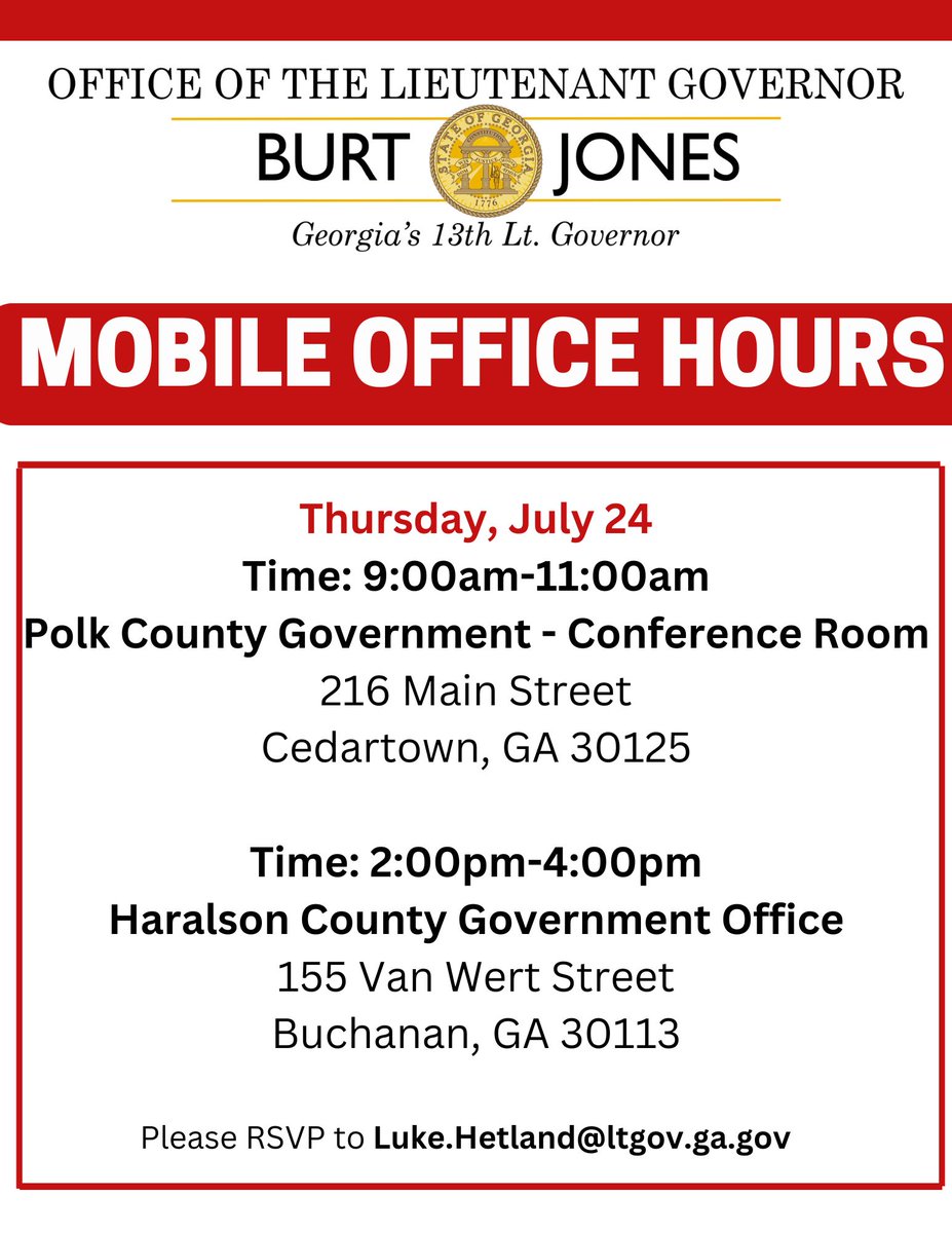 LtGovJonesGA's tweet image. Polk and Haralson Counties! Mobile Office Hours are coming your way on Thursday, July 24th.
Stop by to meet my team and discuss the issues that matter most to you and your community. We hope to see you there! #gapol