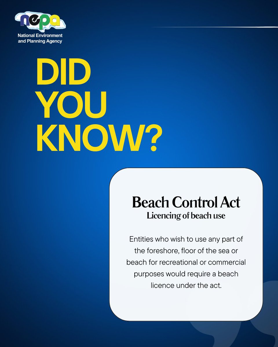 Under the Beach Control Act, a licence is needed to use the beach, foreshore, or sea floor for any commercial or recreational purpose.

✅ Know the law. Protect our coastlines.
#NEPAJamaica #BeachControlAct #DidYouKnow