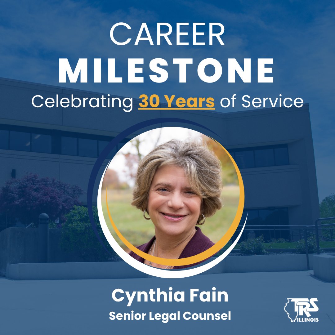 ILLTRS's tweet photo. We are proud to recognize Cynthia “Cyndi” Fain, Senior Legal Counsel and valued member of our Executive Cabinet, for 30 years of dedicated service to TRS—a truly remarkable milestone.

Congratulations, Cyndi, on 30 years of excellence. https://t.co/PTBjOnwrMx