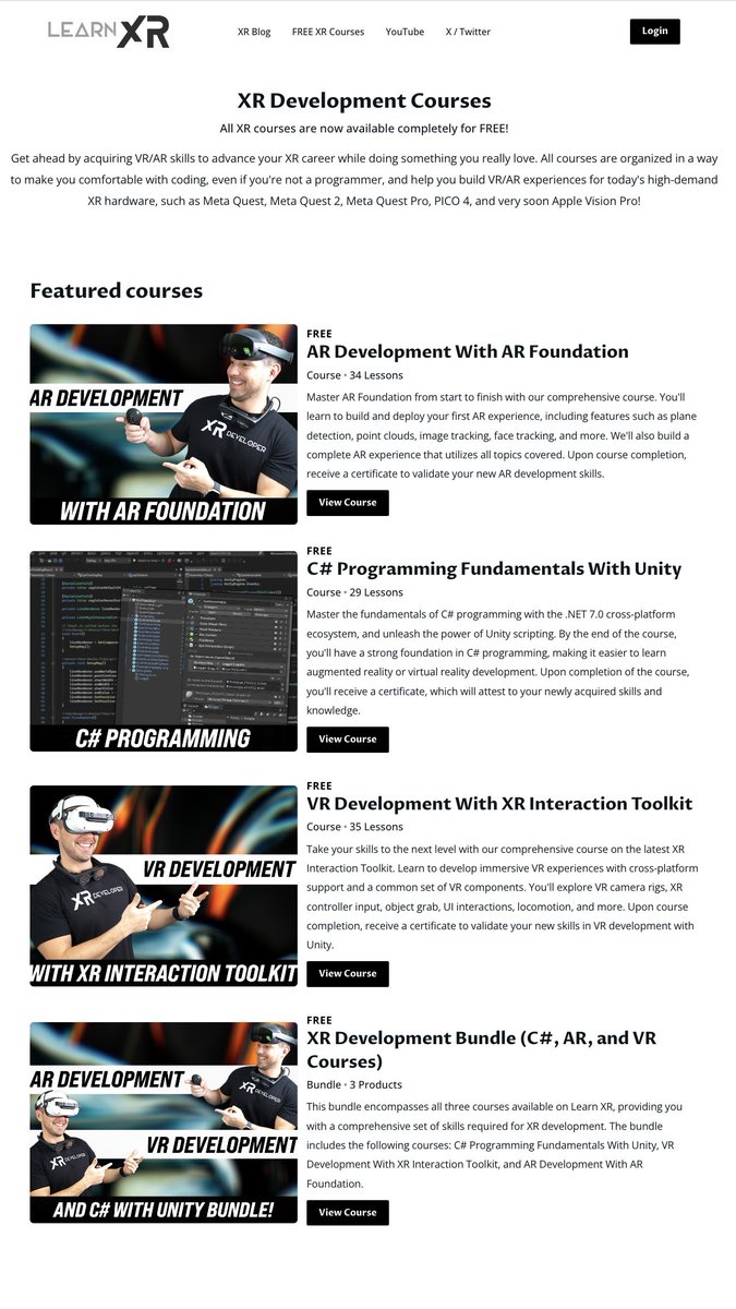 Dilmerv's tweet image. All, with my recent role change of joining Meta, I’ve made a big update to LearnXR. Initially, I decided not to offer paid courses, but today I’m excited to share that all XR and C# courses are now completely FREE.
All courses 👉 learnxr.io/courses
💡 If you want to learn…