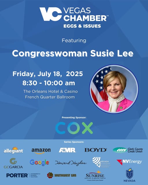 🎟️ Few Seats Left! Join us tomorrow morning for Eggs &amp; Issues featuring U.S. Congresswoman Susie Lee, 
<a href="/SusieLeeNV/">Susie Lee</a> 
🎟️ Secure your seat now: web.vegaschamber.com/atlas/events/1…

#Vegas #Chamberofcommerce #SusieLee #NevadaLeadership #Policy #Businesscommunity #Advocacy #Nevada