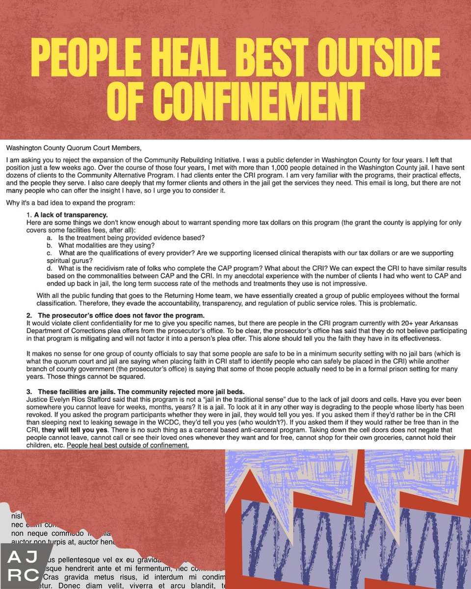 ArReform's tweet image. Listen to those who understand this system. Letter from a former Washington County public defender.
🚨People heal best outside of confinement🚨