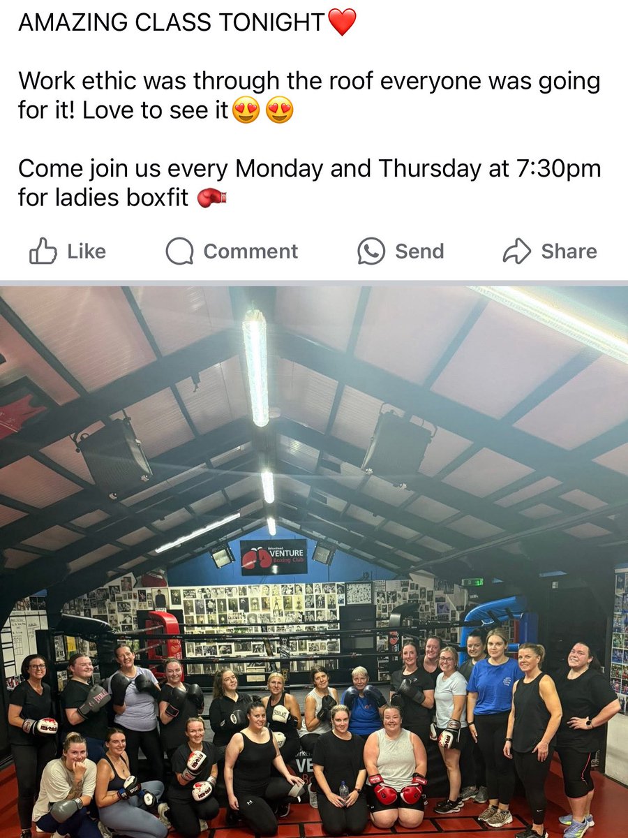 Cracking Turnout Tonight For Our Ladies Box Fit Class.. Well Done To Our Instructor Morgan Jones And All Ladies .. The Original Ladies Only Box Fit Classes Are On Every Monday &amp; Thursday Night.. 7:30pm - 8:30pm And Only £4 Cash On The Night.. Just Turn Up #TEAMVENTURE 🥊