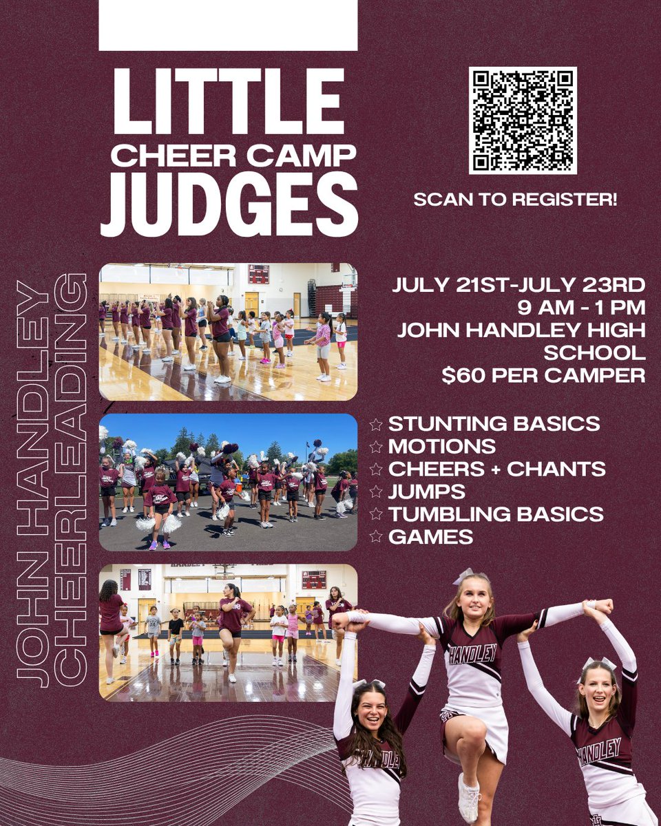 📣Join us for Little Judges Cheer Camp📣
🗓️ Monday, July 21 – Wednesday, July 23
🕘 9:00 a.m. – 1:00 p.m.
💵 $60 per camper
👧 Ages 4-13
Register here: docs.google.com/forms/d/e/1FAI…