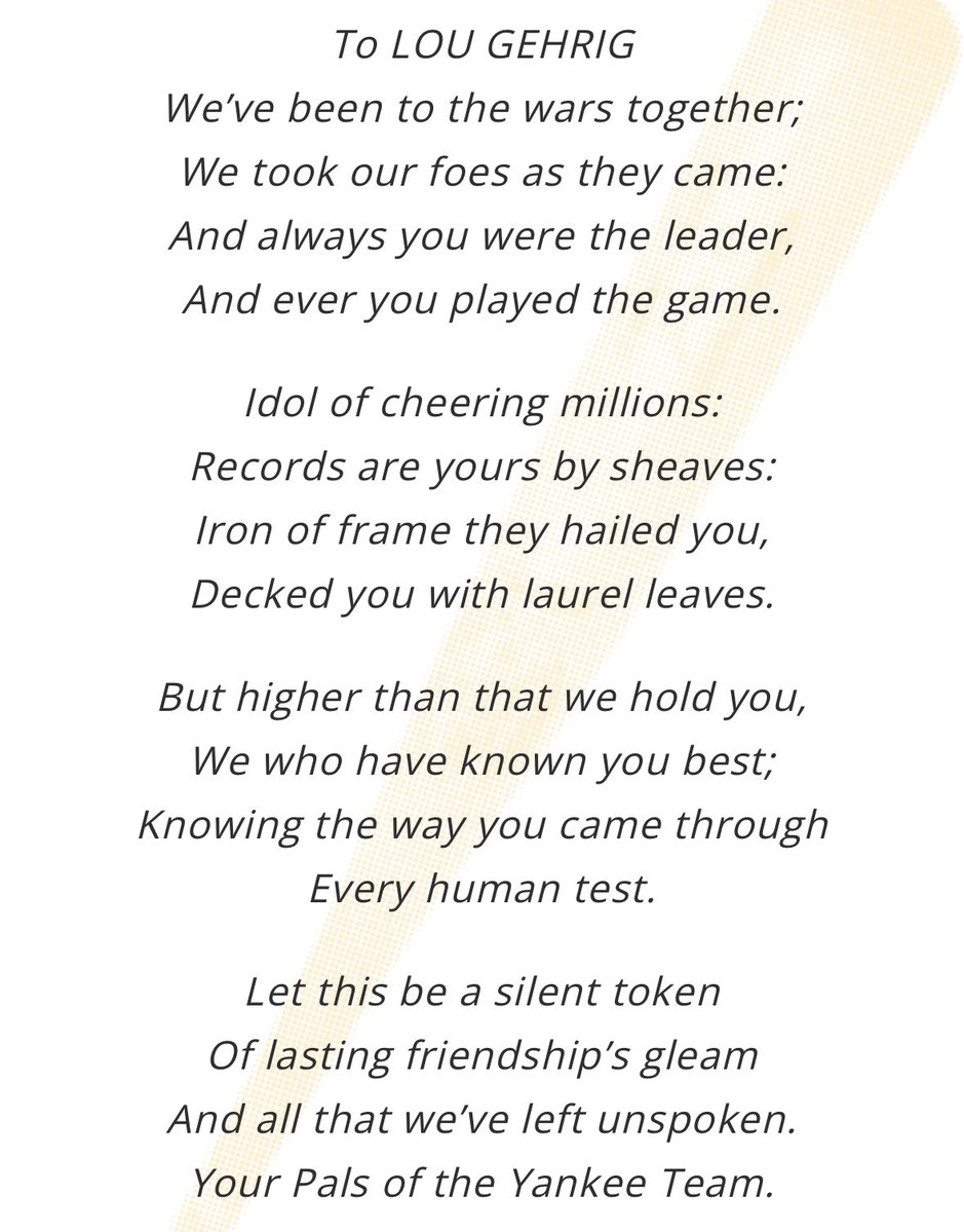 OfficialMLBRFC's tweet image. On the day Lou Gehrig made his Luckiest Man Speech, his Yankee teammates gifted him this trophy with this poem inscribed.
It’s really awesome.