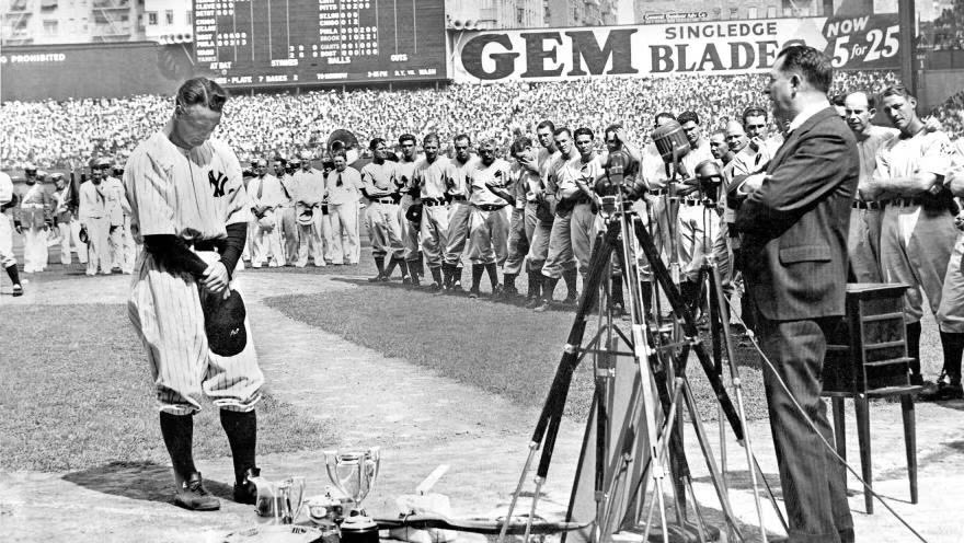 OfficialMLBRFC's tweet image. On the day Lou Gehrig made his Luckiest Man Speech, his Yankee teammates gifted him this trophy with this poem inscribed.
It’s really awesome.
