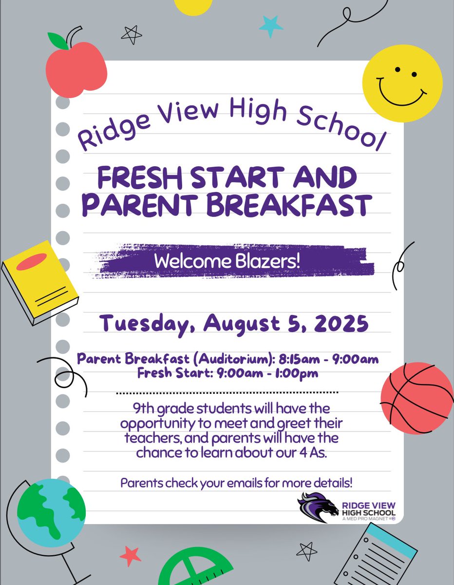 🎉 RVHS Fresh Start and Parent Breakfast for the Class of 2029!

We’re excited to welcome our newest Blazers as they begin their high school journey. Get ready for four amazing years of growth, friendships, and success! 💜🩶 #BlazerPride #ClassOf2029 #BlazerAcademy