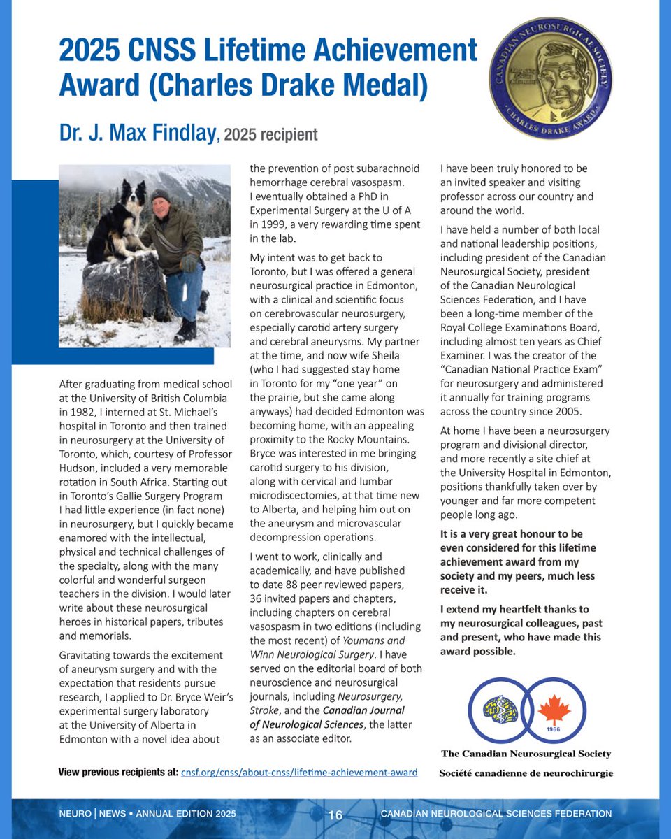 CNSFNeuroLinks's tweet image. Dr. J. Max Findlay | 2025 #CNSS Lifetime Achievement Award – Charles Drake Medal
This is an award given to a senior neurosurgeon for their internationally recognized work in the field of neurosurgery ... in Canada. On behalf of the #CNSF - THANK YOU!
cnsf.org/cnss/about-cns…