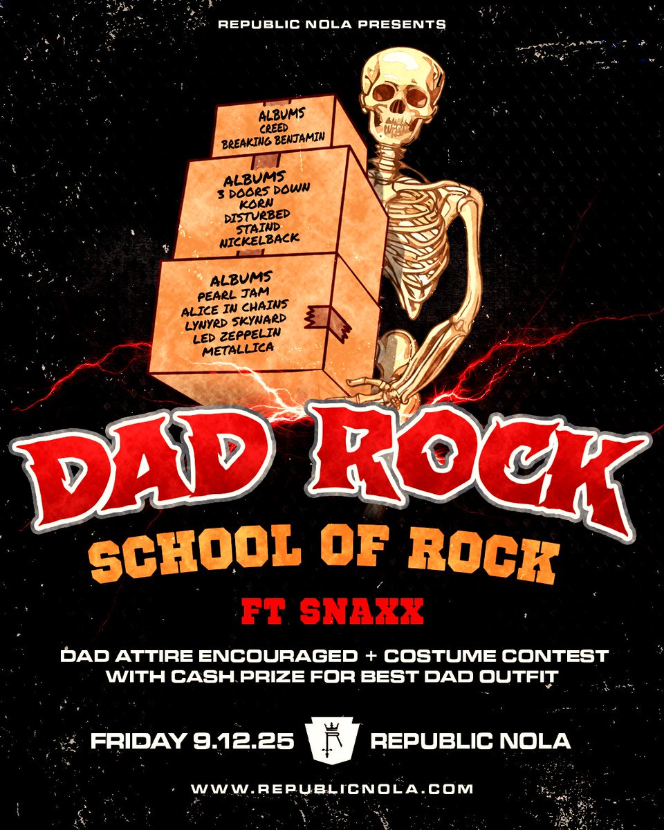 JUST ANNOUNCED! Sharpen those No. 2 pencils and lace up those white New Balances, it’s time for an all new semester of DAD ROCK: SCHOOL OF ROCK ft. SNAXX! Whether you're a Dorm Daddy or want to relive the days of dad dropping you off at college while blasting rock classics, this