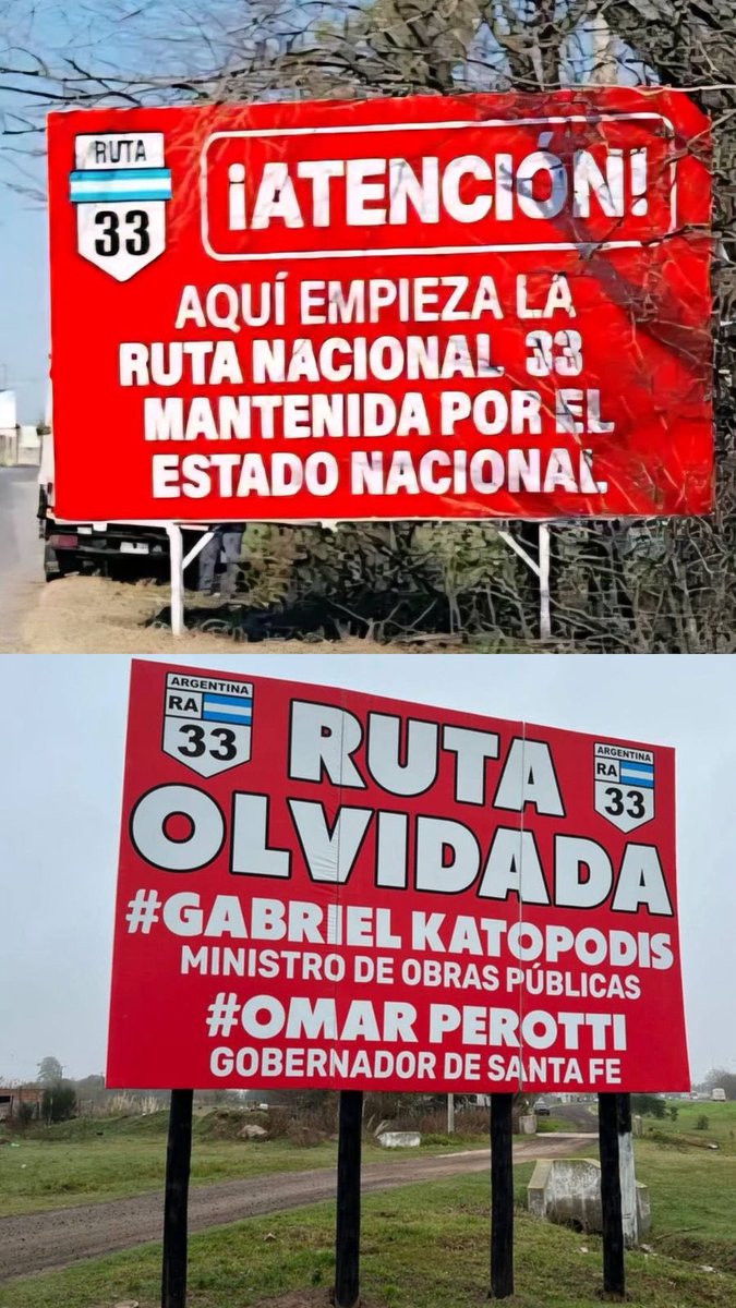 Mirá vos. Los que hoy ponen carteles para desligarse de la responsabilidad sobre las rutas nacionales (que, tranquilos, estamos de acuerdo: son responsabilidad del gobierno nacional), cuando eran oposición los ponían para responsabilizar al gobernador. 
Todo vuelve, muchachos.