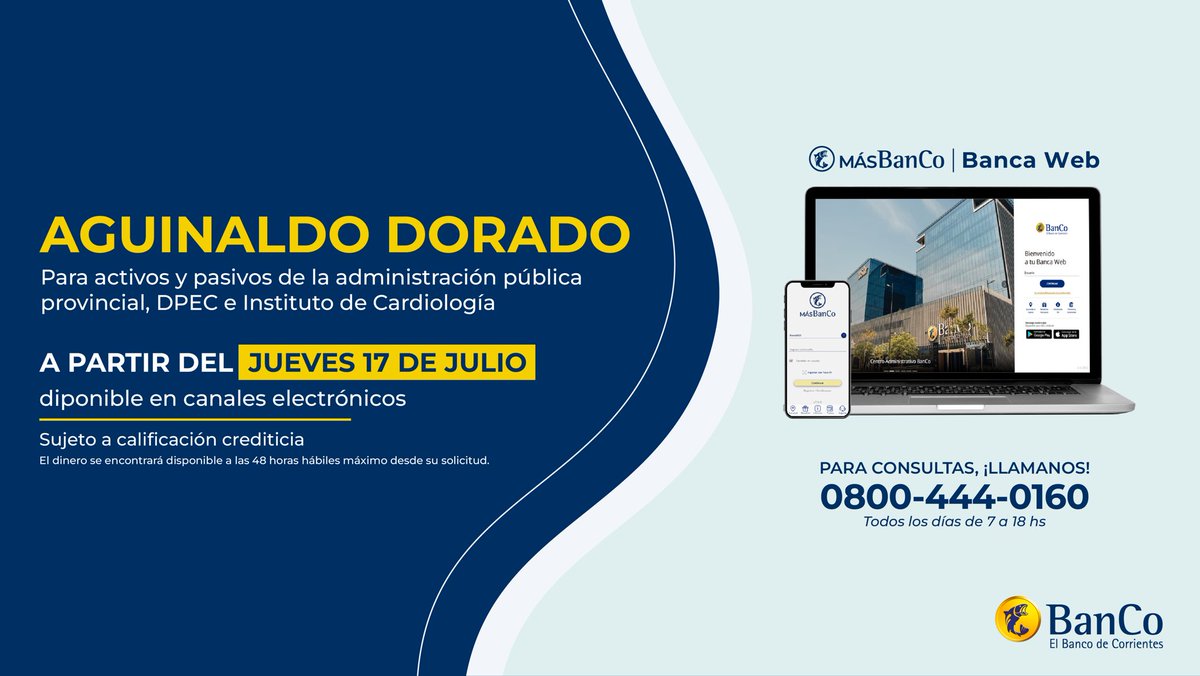 BancodeCtes's tweet image. Ya podés acceder al Aguinaldo Dorado del BanCo 💰✨

Una solución ágil, digital y al instante para quienes forman parte de la administración pública provincial, DPEC o el Instituto de Cardiología.

Solicitalo desde hoy mismo, a través de nuestros canales digitales: Banca Web 💻 y…