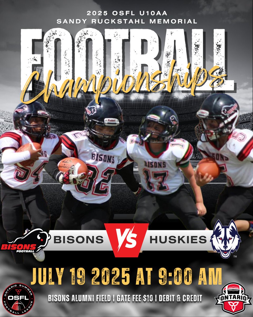 U10 AA CHAMPIONSHIP this Sat July 19 @ 9AM!
🏈 Bisons vs Huskies for the Sandy Rukstahl Memorial
📍 Bisons Alumni Field
🎟️ $10 gate (debit/credit only)
🛍️ New swag in – wear red &amp; black!
Let’s pack the stands &amp; bring the noise! #BisonsPride #GameDay #FearTheHerd #BisonstoBattle