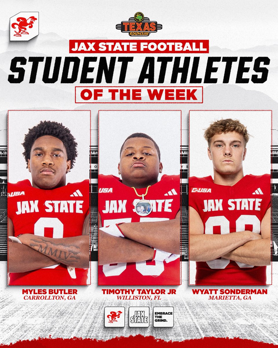 JaxStateFB's tweet image. 𝐒𝐭𝐮𝐝𝐞𝐧𝐭 𝐀𝐭𝐡𝐥𝐞𝐭𝐞𝐬 of the Week❗️
Presented by Texas Roadhouse 🥩
#EmbraceTheGrind | #AKC