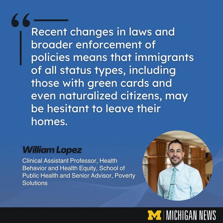 UMichiganNews's tweet image. How might the public arrests in Los Angeles impact the health of Latino communities in the area?
William D Lopez, Clinical Associate Professor of Health Behavior & Health Equity @umichsph, discusses how changes in laws surrounding immigration create fear in leaving homes, even…